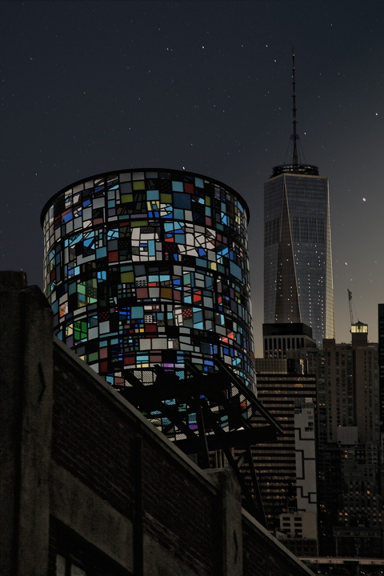 Stained Glass Water Tower Art on Brooklyn Rooftop over seeing World